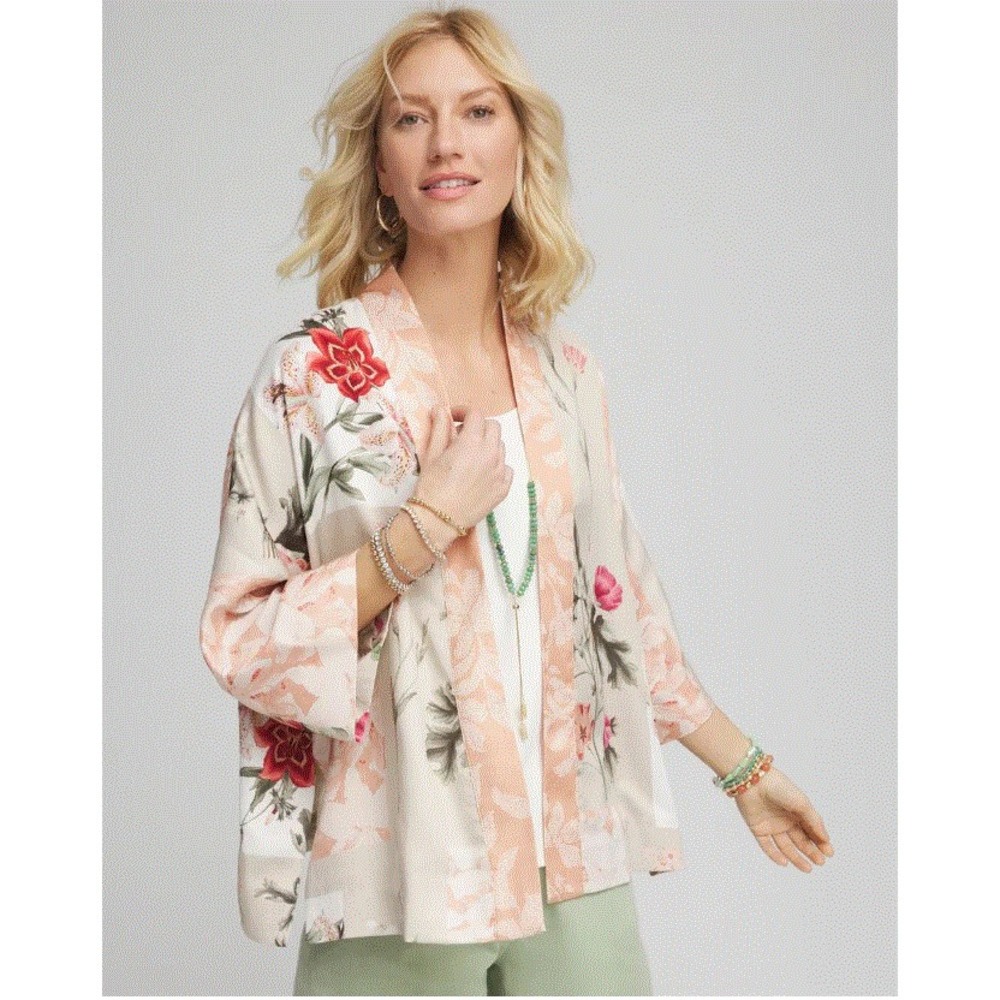 Chico's blazer cardigan womens S / M floral grid flora short kimono rock $129